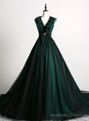 Make Your Prom a Dream Dark Green Ball Gown Tulle V-neck Backless Quinceanera Dress With Train