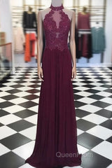 Maroon Hight Neck Lace Long Evening Prom Dresses, Maroon Evening Dresses
