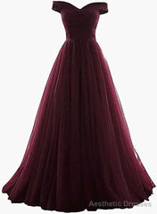 Maroon Off Shoulder Bridesmaid Dress  Long, Simple Tulle Dress