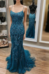 Mermaid Backless Dark Teal Lace Long Evening Prom Dresses
