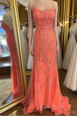 Mermaid Backless Orange Lace Long Evening Prom Dresses, Mermaid Orange Lace Formal Dresses, Orange Lace Evening Dresses