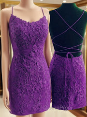Mermaid Backless Purple Lace Evening Prom Dresses, Mermaid Purple Homecoming Dresses, Short Purple Lace Formal Evening Dresses