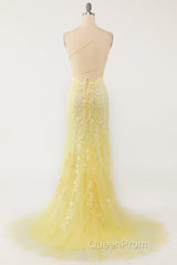 Mermaid Backless Yellow Lace Long Evening Prom Dresses, Mermaid Yellow Formal Dresses, Yellow Lace Evening Dresses
