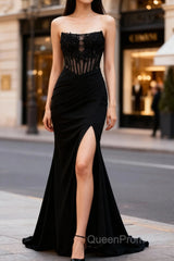 Mermaid Black Corset Strapless Long Evening Prom Dresses with Slit