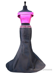 Mermaid Boat Neck Beaded Crystals Two Piece Satin Prom Dress