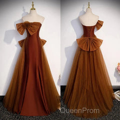 Mermaid Brown Tulle Satin Strapless Long Party Dresses Formal Dresses Evening Prom Dresses