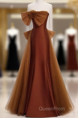 Mermaid Brown Tulle Satin Strapless Long Party Dresses Formal Dresses Evening Prom Dresses