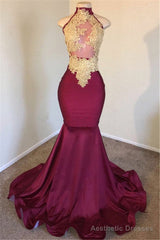 Mermaid Burgundy High-Neck Applique Sleevless Prom Dresses