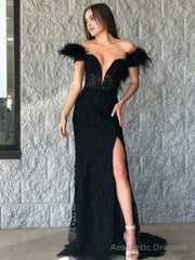 Mermaid Deep V Neck Feather Lace Long Prom Dress