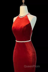 Mermaid Halter Burgundy Long Velvet Evening Prom Dresses