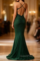 Mermaid Halter Dark Green Long Evening Prom Dresses with Appliques Beading