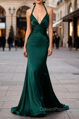 Mermaid Halter Dark Green Long Satin Bridesmaid Dresses