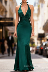 Mermaid Halter Dark Green Long Satin Evening Prom Dresses