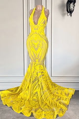 Mermaid Halter Floor-length Sleeveless Open Back Appliques Lace Evening Prom Dresses