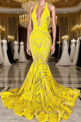 Mermaid Halter Floor-length Sleeveless Open Back Appliques Lace Evening Prom Dresses