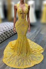 Mermaid Halter Floor-length Sleeveless Open Back Sequined Appliques Lace Evening Prom Dresses