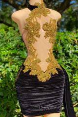 Mermaid High Neck Applique Lace Mini Sleeveless Backless Evening Prom Dresses With Side Train