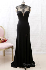 Mermaid High Neck Beaded Jersey Black Formal Evening Evening Prom Gown With Slit