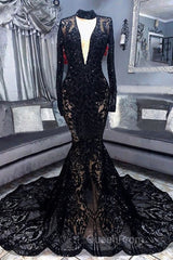 Mermaid High Neck Long Sleeves Evening Prom Dresses