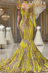 Mermaid High Neck One Shoulder Sequined Floor-length Long Sleeve Lace Evening Prom Dresses