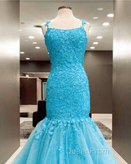 Mermaid Ice Blue Evening Prom Dresses Lace Embroidery