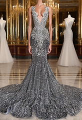 Mermaid Jewel Sequined Floor-length Sleeveless Appliques Lace Evening Prom Dresses