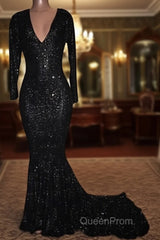 Mermaid Long-Sleeves Black Sequined Evening Prom Dresses