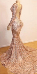 Mermaid Long Sleevess V-Neck Sequined Sweep Train Evening Prom Dresses