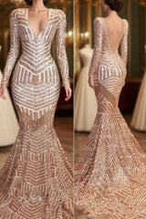 Mermaid Long Sleevess V-Neck Sequined Sweep Train Evening Prom Dresses