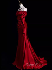 Mermaid Off The Shoulder Burgundy Long Satin Evening Prom Dresses