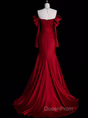 Mermaid Off The Shoulder Burgundy Long Satin Evening Prom Dresses