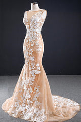 Mermaid Open Back Champagne Lace Long Evening Prom Dresses, Champagne Lace Formal Dresses, Champagne Evening Dresses