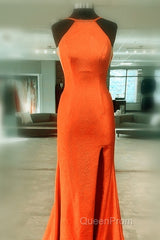 Mermaid Orange Evening Prom Dresses Halter Neck Split