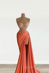 Mermaid Peach Evening Prom Dresses Appliques With Slit