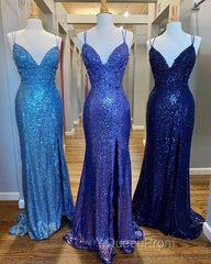 Mermaid Purple Sequins Long Evening Prom Dresses with Slit,Navy Blue Evening Party Gowns