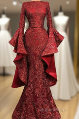 Mermaid Red Long Evening Prom Dresses, Sequin Formal Dresses