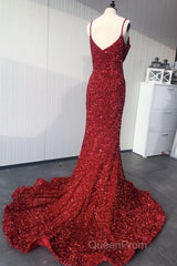 Mermaid Red Spaghetti Straps Velvet Sequin Evening Prom Dresses