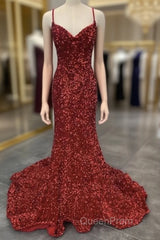 Mermaid Red Spaghetti Straps Velvet Sequin Evening Prom Dresses