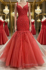 Mermaid Red Tulle Lace Long Evening Prom Dresses, Mermaid Red Formal Dresses, Red Lace Evening Dresses