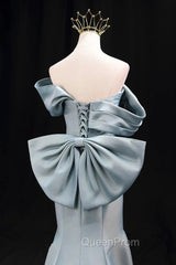 Mermaid Satin Floor Length Evening Prom Dresses, Blue Off The Shoulder Evening Party Dresses