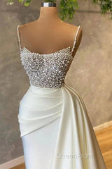 Mermaid Satin Spaghetti Strap Sweetheart Sequined Beaded Long Evening Prom Dresses Gorgeous Evening Dresses