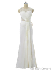 Mermaid Scoop Chiffon Pearls Bow See Through Long Evening Dresses