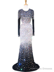 Mermaid Scoop Long Sleeve Beaded Crystals Floor Length Prom Dress