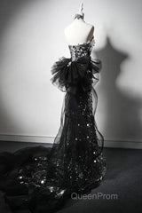 Mermaid Sequin Tulle Black Long Evening Prom Dresses, Black Long Formal Dresses