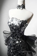 Mermaid Sequin Tulle Black Long Evening Prom Dresses, Black Long Formal Dresses