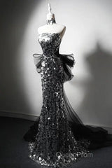 Mermaid Sequin Tulle Black Long Evening Prom Dresses, Black Long Formal Dresses