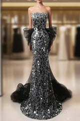Mermaid Sequin Tulle Black Long Evening Prom Dresses, Black Long Formal Dresses