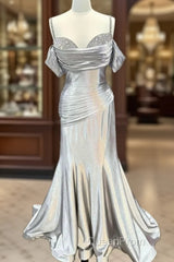 Mermaid Silver Satin Cold Shoulder Dresses