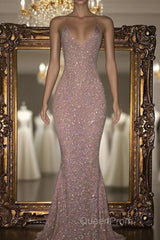 Mermaid Sleeveless Long Rose Pink Sequin Evening Prom Dresses