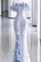 Mermaid Strapless Blue Sequin Evening Prom Dresses Evening Dresses